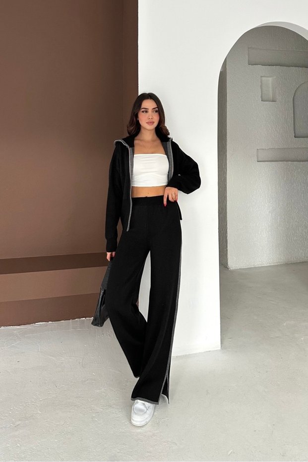 Zipper Detailed Turn-Down Collar Knitwear Bottom-Top Set Aw25Au0036