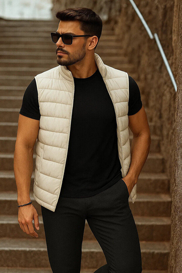 Erkek Cepli Kışlık Fermuarlı Basic Krem Şişme Yelek - 4