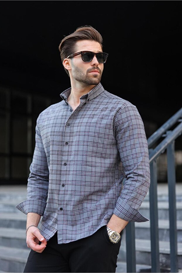 Gray Buttoned Plaid Patterned Men's Shirt E6768 - 2