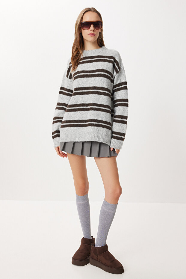 Striped Wool Effect Knitwear Sweater Lmt0050 Gray Brown