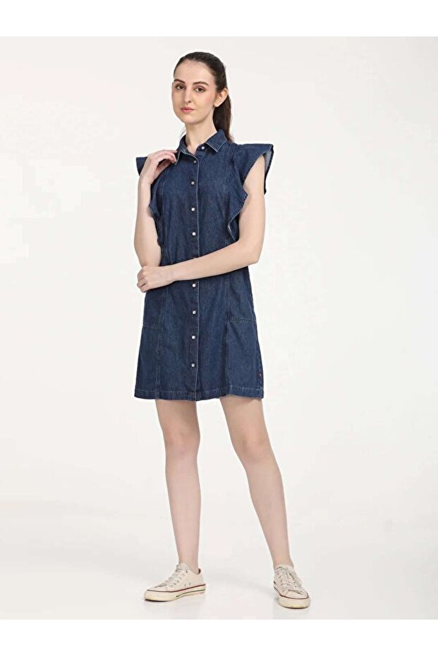 Solid Blue Spread Collar Kadın Denim Elbise - 7