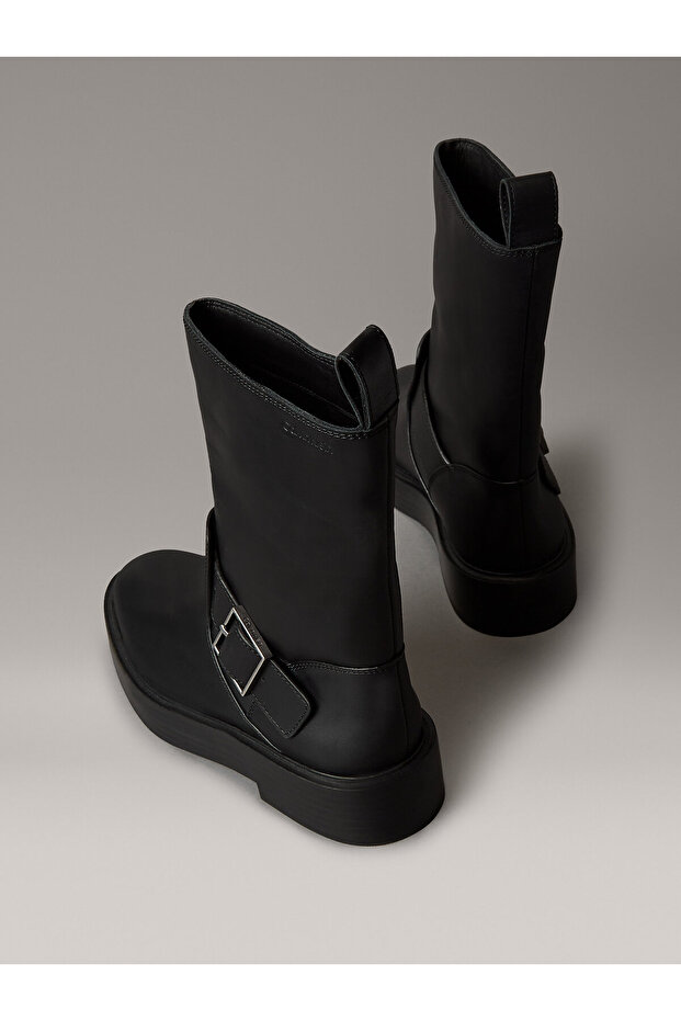 Leather Stacked Heel Biker Boots - 3