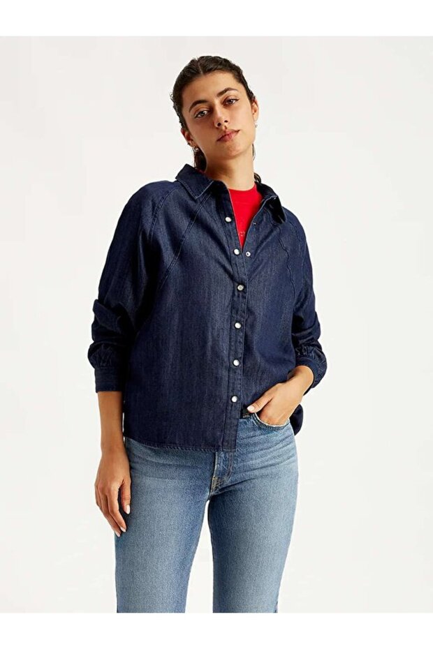 Solid Regular Fit Kadın Denim Gömlek - 5
