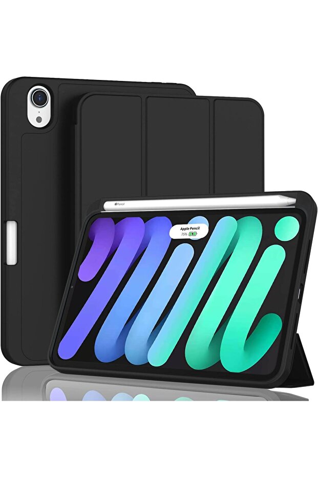 iPad Mini 7 (A17 Pro)/6 (8.3") Case with Pencil Holder, Soft TPU Back, Auto Sleep/Wake, Black