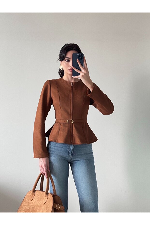 Women's Light Brown Long Sleeve Belted Suede Jacket