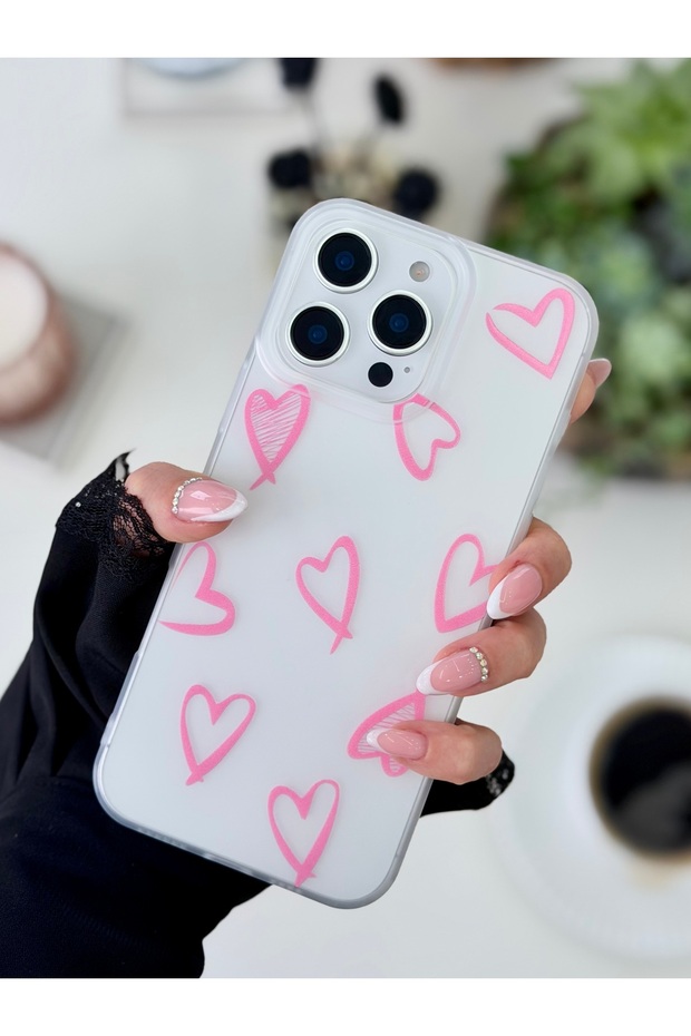 iPhone 14 Promax Compatible Fingerprint Resistant Matte Print Pink Heart Transparent Case