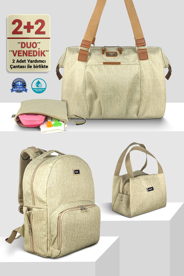 Anne Bebek Bakım Kadın Omuz Çantası Venedik & Duo Anne Bebek Bakım Sırt Çantası Takım-Bej - 1