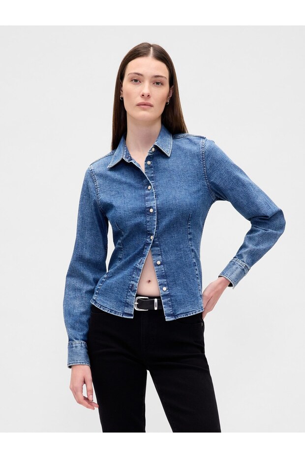 Kadın Mavi Denim Fitted Gömlek