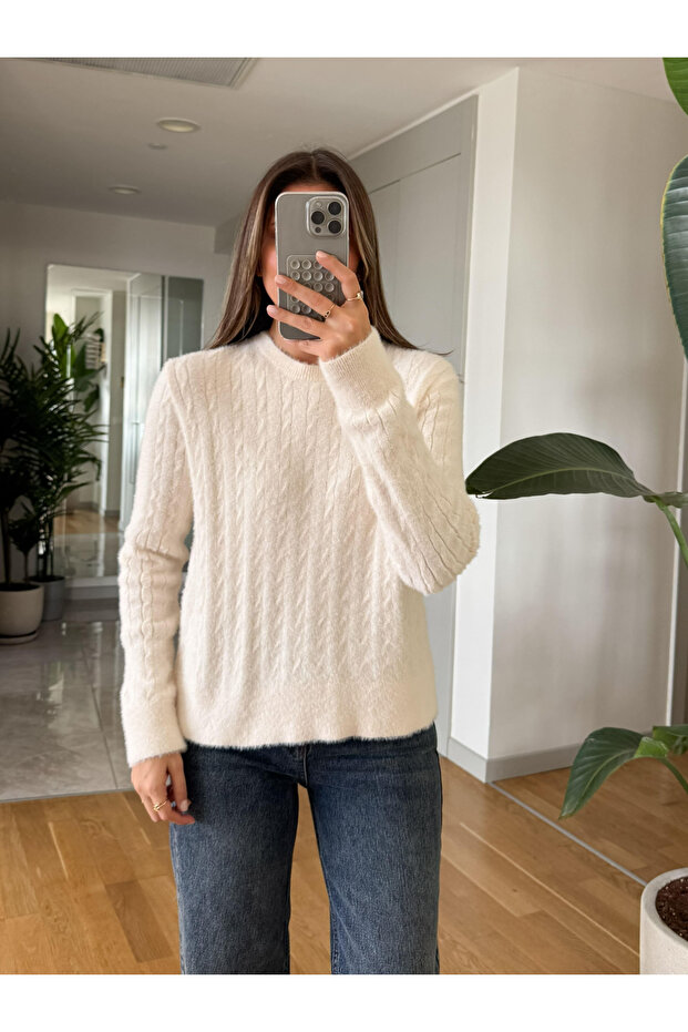 Cream Soft Hair Braided Sweater - 241289