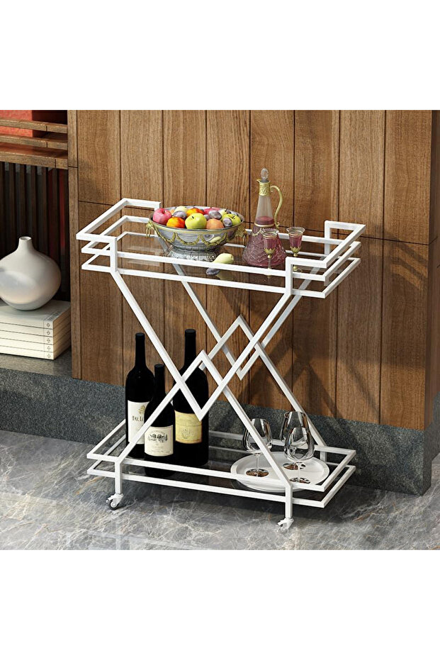 FFD 2-Tier Glass Bar Cart, Lockable Wheels, Clear Shelves, 1.3cm Metal Frame White 100x40x90cm