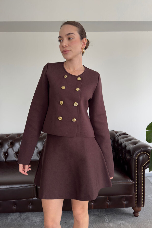 Buttoned New Season Skirted Knitwear Set - Brown