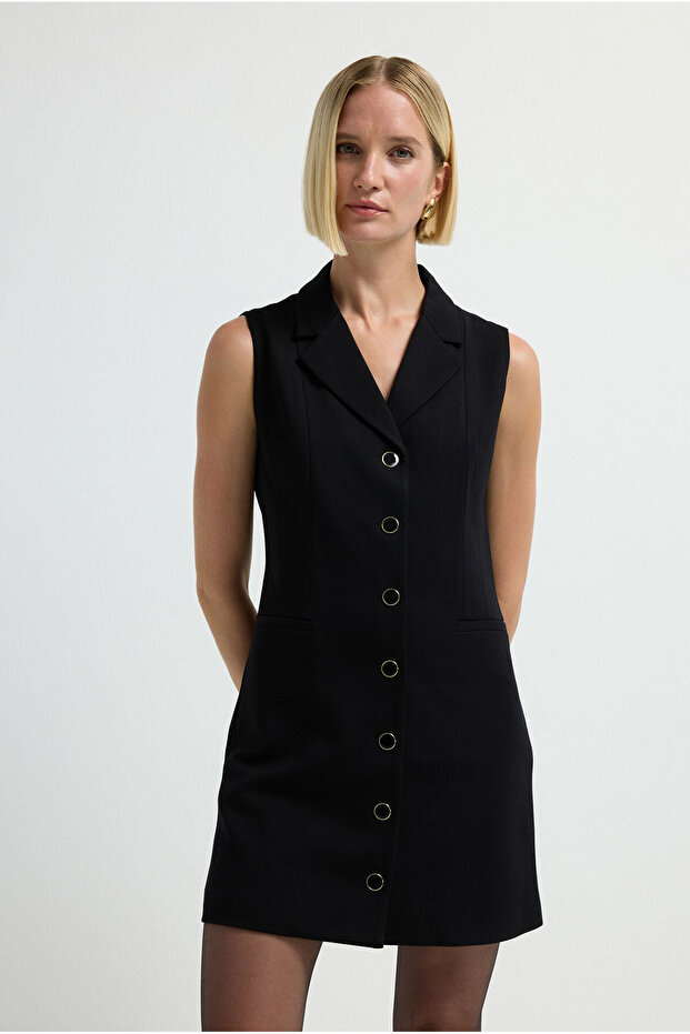 Kolsuz Düğmeli Gömlek Elbise - 5