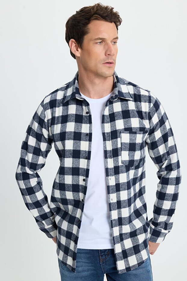 Men's slim fit long sleeve plaid checkered winter woodcutter shirt with pockets
