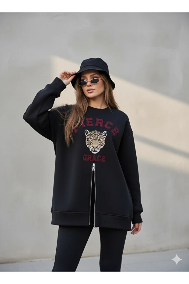 Fermuarlı Leopar Baskılı Oversize Siyah Sweat - 8