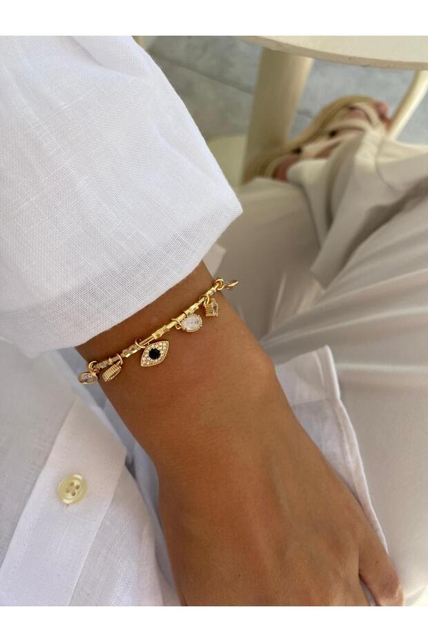 Adjustable Open Gold Bracelet with Evil Eye Black Eye and Star Figured Zircon Stone