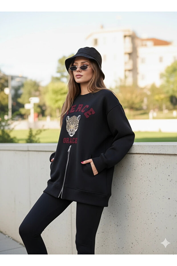 Fermuarlı Leopar Baskılı Oversize Siyah Sweat - 5