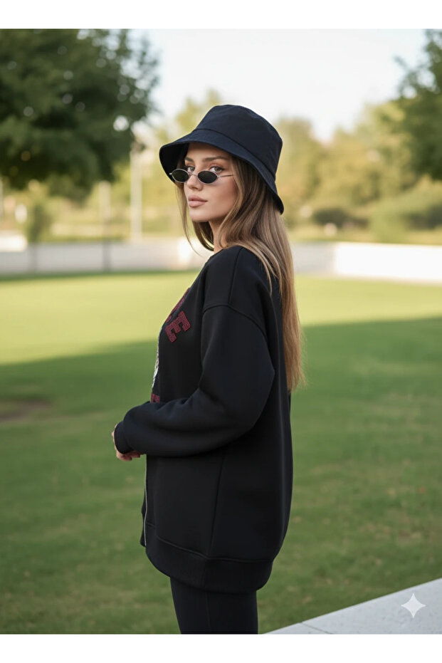 Fermuarlı Leopar Baskılı Oversize Siyah Sweat - 7