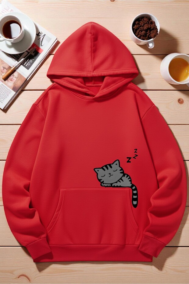 Unisex Sleeping Cat Printed Hooded Sweatshirt