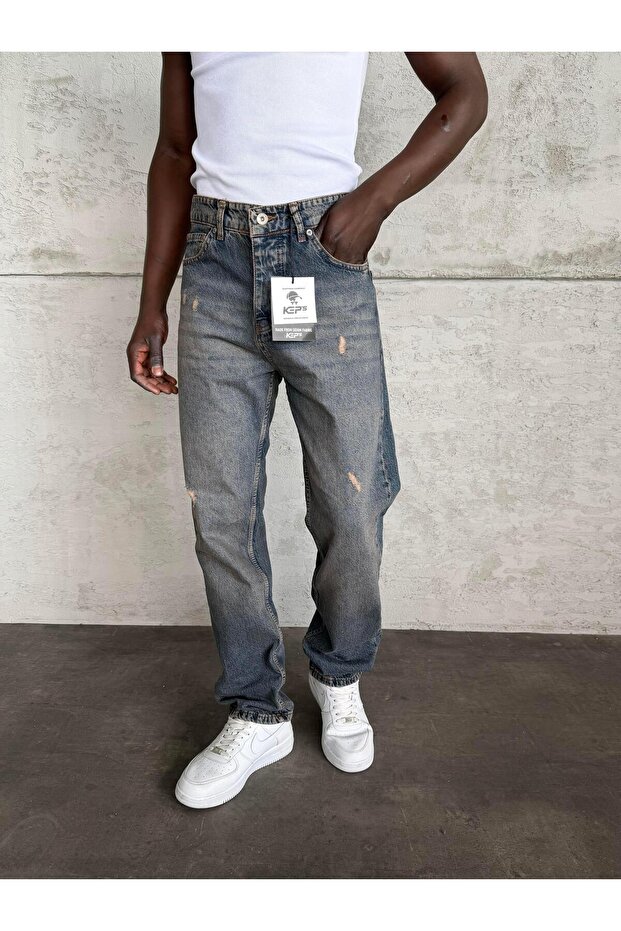 Navy Blue Washed Laser Detail Baggy Jeans