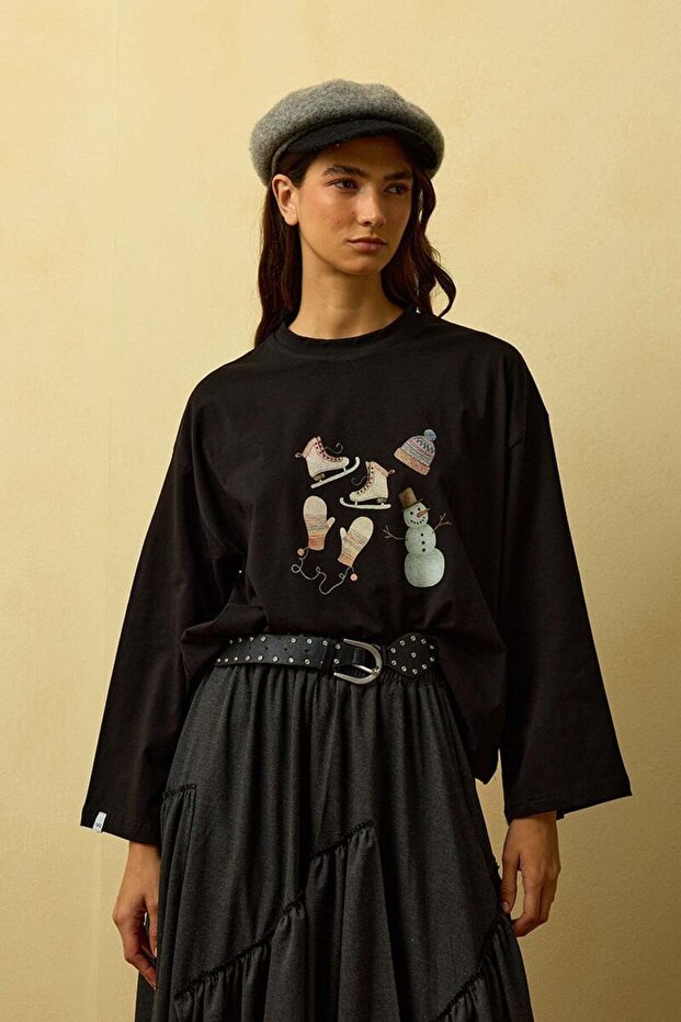 Siyah Winter Baskılı Basic Body - 2