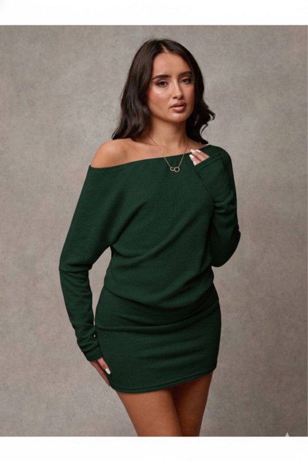 Women's Off-The-Shoulder Thessaloniki Fabric Boat Neck Asymmetrical Neckline Long Sleeve Tight Mini Chic Dress
