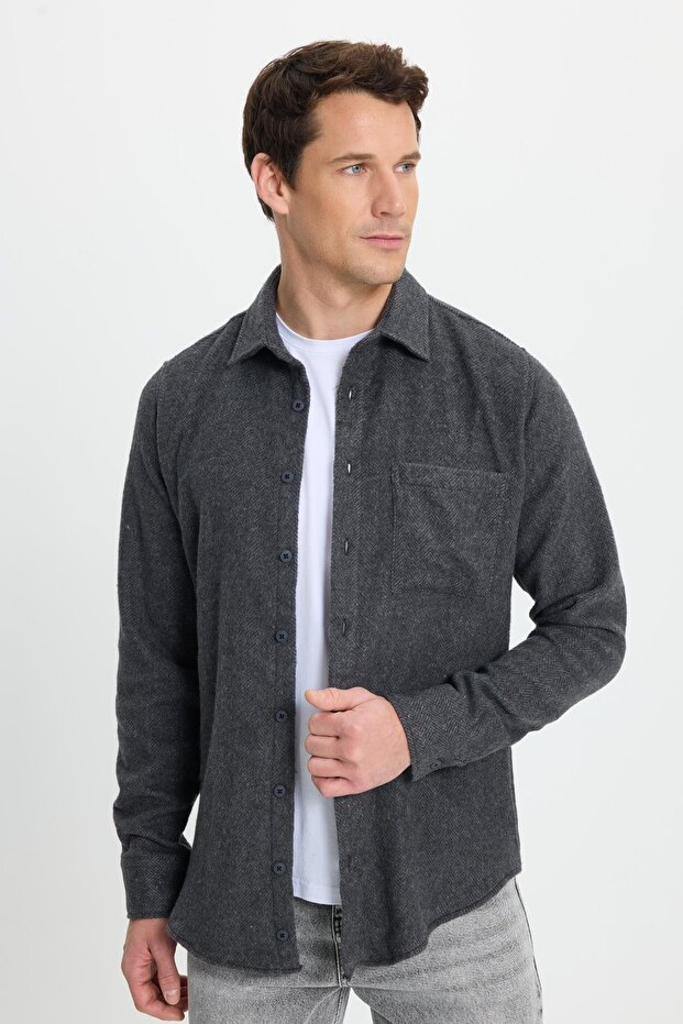 Men's Slim Fit Slim Fit Dobby Lumberjack Pocket Sport Collar Anthracite Shirt