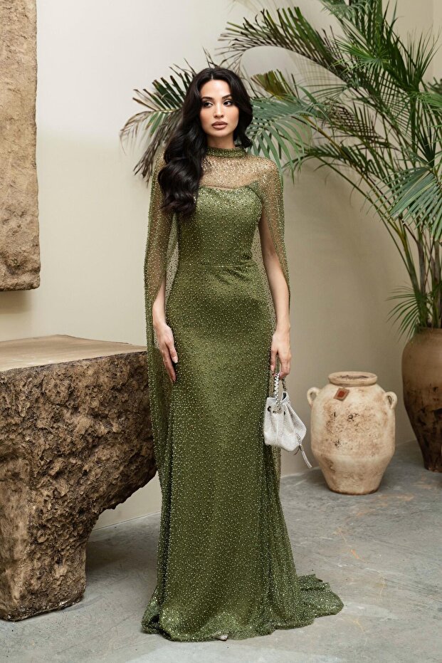 Khaki Strapless Beading Cape Evening Dress