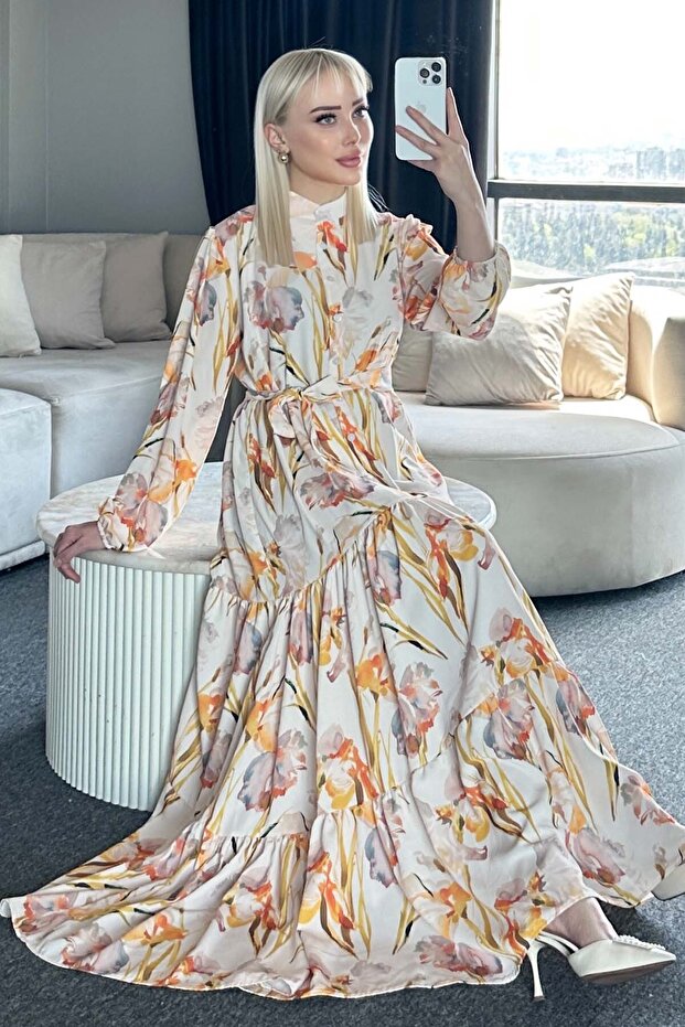 Women's Patterned Long Hijab Dress 1319 - Yellow