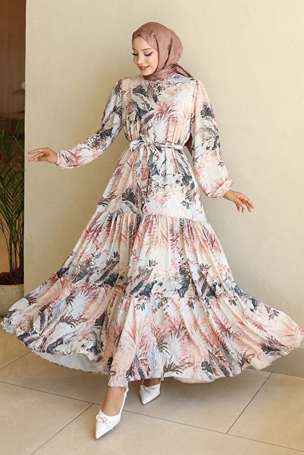 Women's Patterned Long Hijab Dress 1319 - Brown