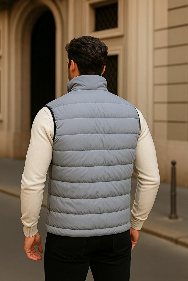 Erkek Kışlık Premium Basic Astarlı Gri Şişme Yelek - 6