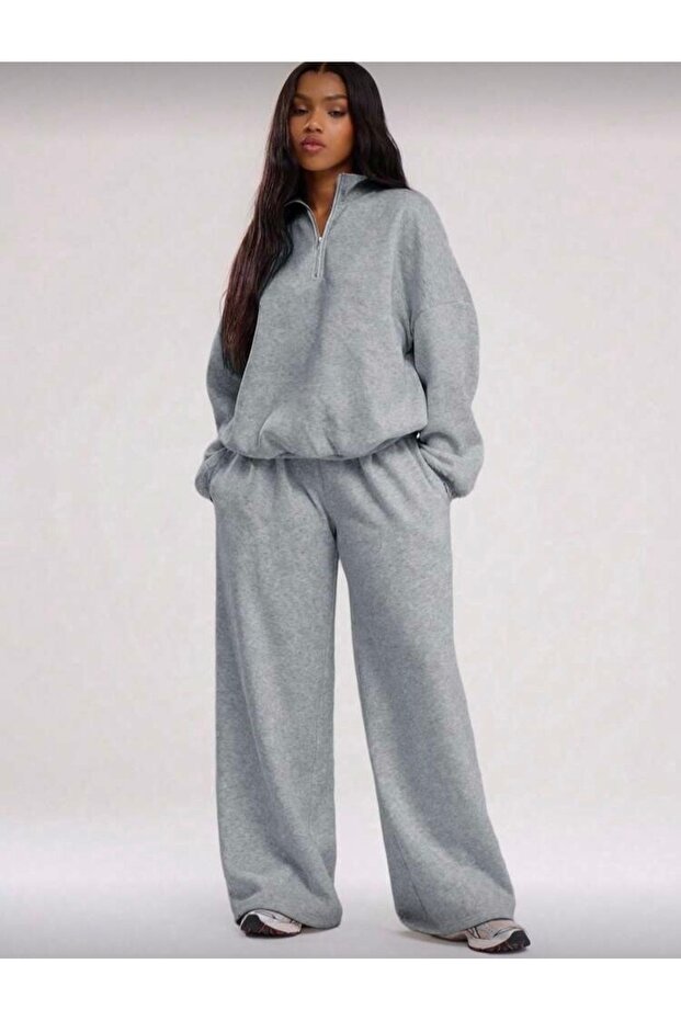 Gray Wide Leg and Mock Neck Sweatshirt Tracksuit Set
