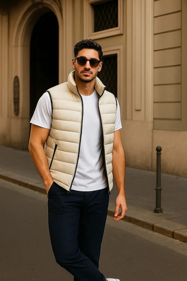 Erkek Kışlık Premium Basic Astarlı Krem Şişme Yelek - 5