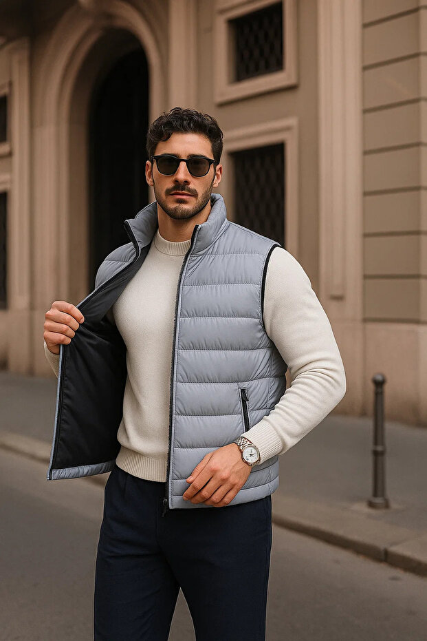 Erkek Kışlık Premium Basic Astarlı Gri Şişme Yelek - 3