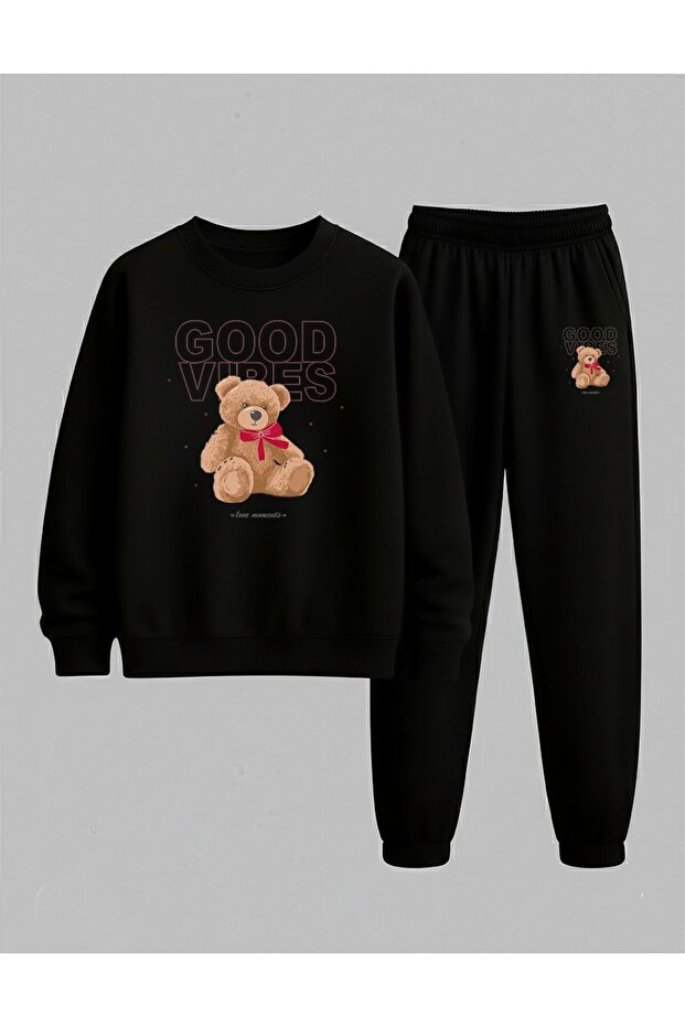 سويت شيرت للفتيات - طقم رياضي برقبة دائرية GOOD VIBES مطبوع 3 Thread Shardonlu