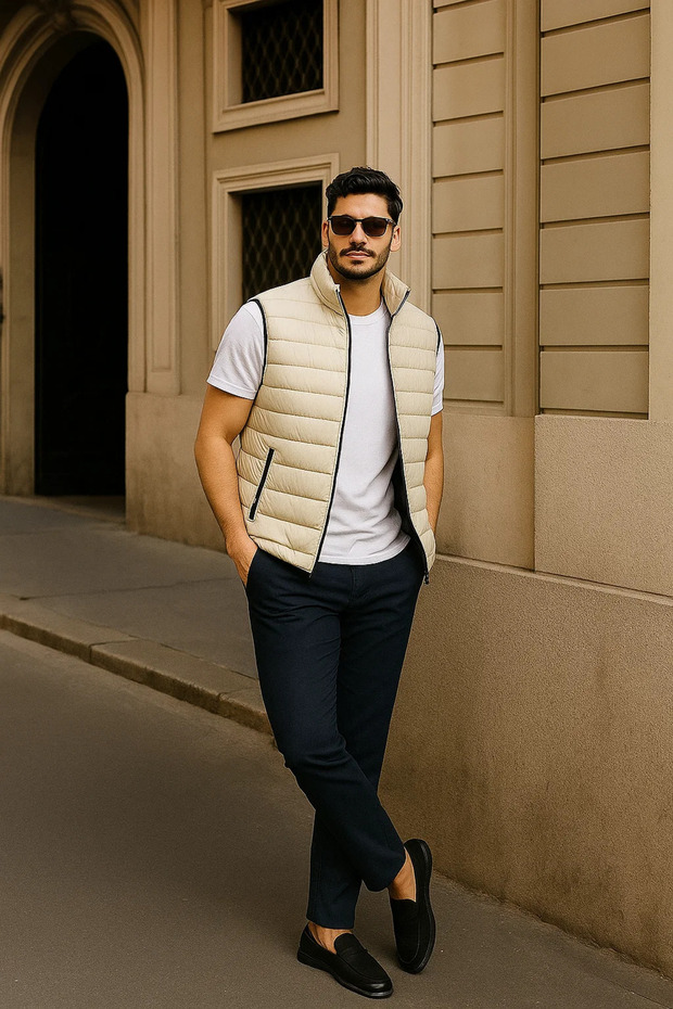 Erkek Kışlık Premium Basic Astarlı Krem Şişme Yelek - 4