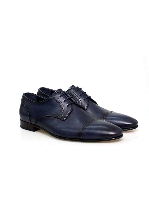 Dark Blue Color Lace-Up Genuine Leather Men's Shoes