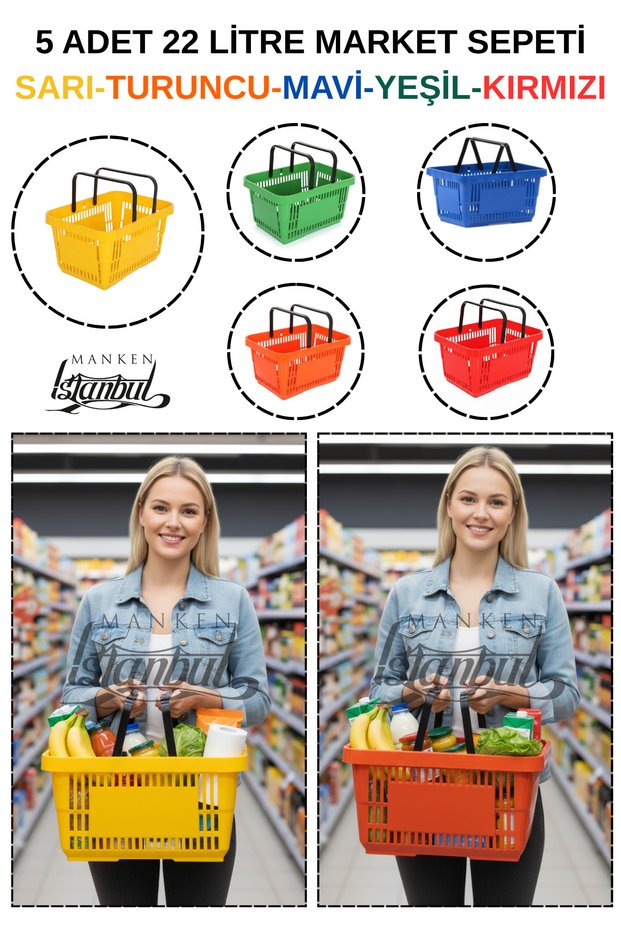 22 Liter 5 Pieces Grocery Basket, Shopping Basket, Grocery Basket with Handle