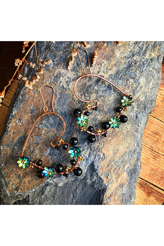 Onyx Stone Copper Wire Wrap Earrings - 1