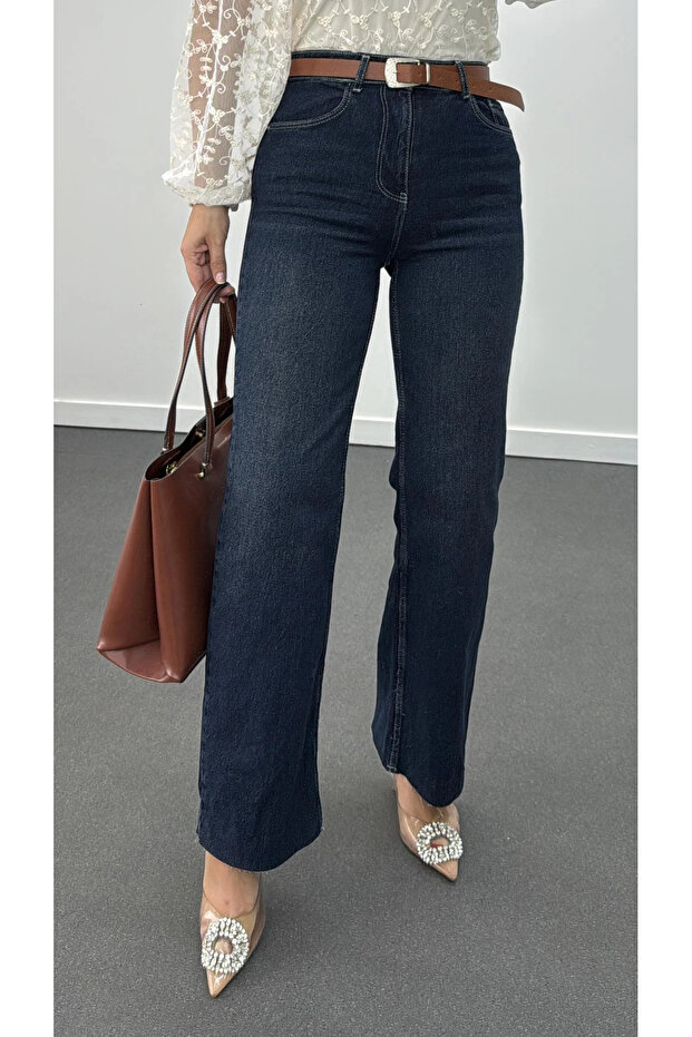 D98 Women's High Waist Dark Blue Raw Hem Straight Belted Jeans