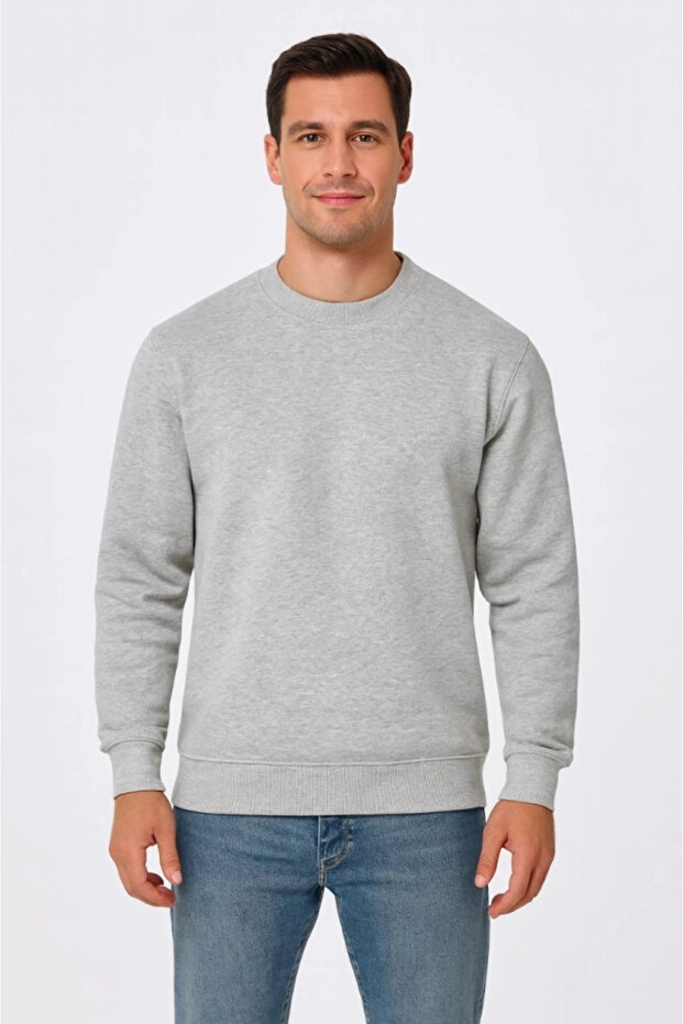 Men's Three Thread Plain Crew Neck Weathirt Gray