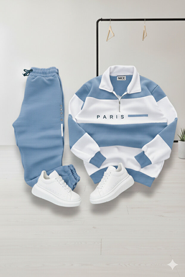 Unisex Five-Piece Mock Neck Printed Paris Tracksuit Set – Top and Bottom Set