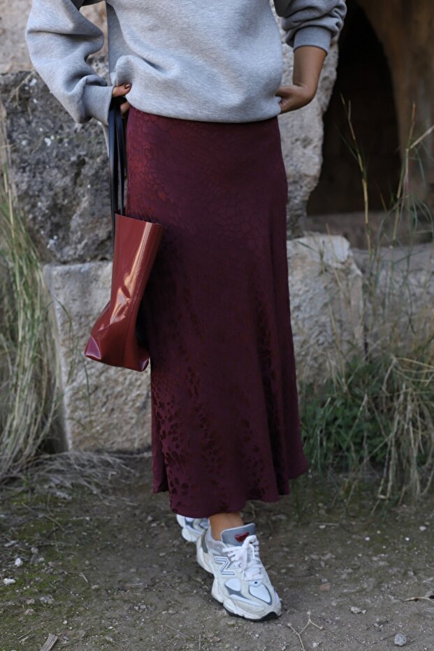 Burgundy satin leopard print skirt