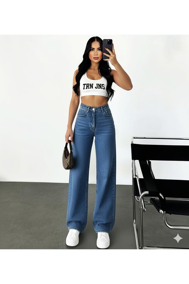 90`S Stretch Fabric Casual Women's Medium Blue Super High Waist Loose Leg Denim Jeans