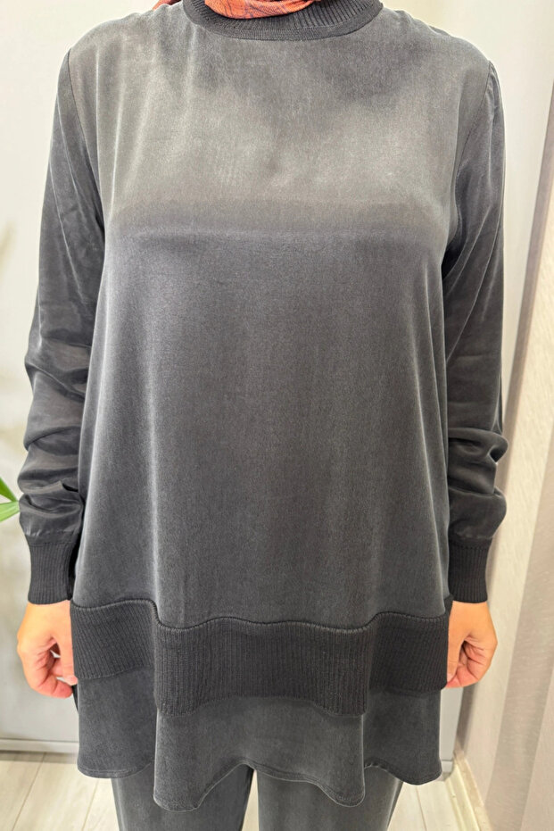 Knitwear Detailed Cupro Silk Tunic Black T26K-6019 - 5