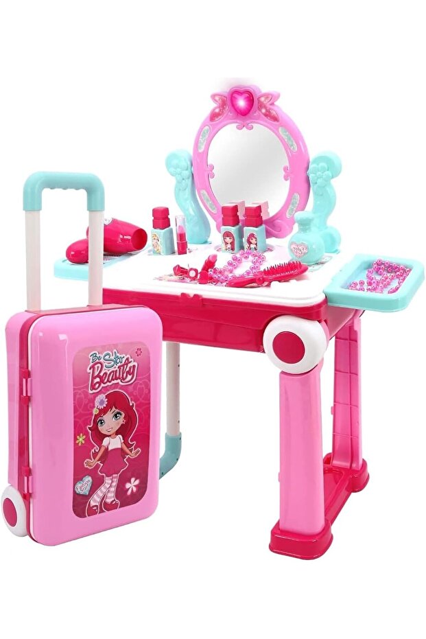 Beauty Playset 2 in 1 Vanity Mirror Makeup Suitcase Trolley, With Lights & Sound - Multicolour