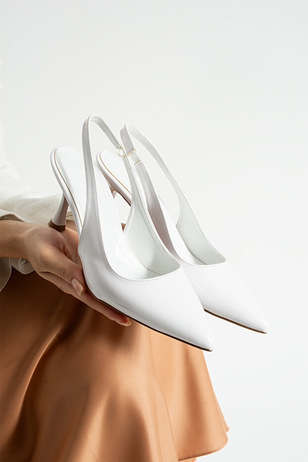 Arya Women's White Patent Leather Thin Heeled Slingback Stylish Heeled Shoes