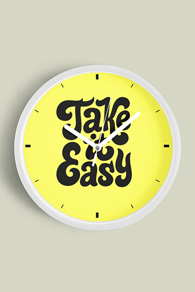 تصميم حديث مكتوب - ساعة حائط بعبارة '' Take It Easy '' - 35 سم - هيكل أبيض مع واجهة زجاجية