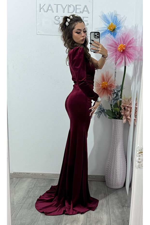 Rochie lungă din catifea vișinie - 3