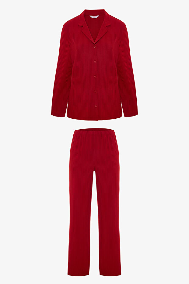 Red Ny Time Corded Fabric Shirt Collar Long Sleeve Pajama Set