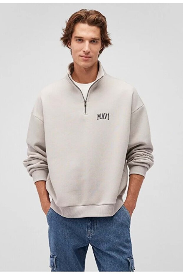 Mavi 0S10208 Logo Baskılı Yarım Fermuarlı Sweatshirt BEJ